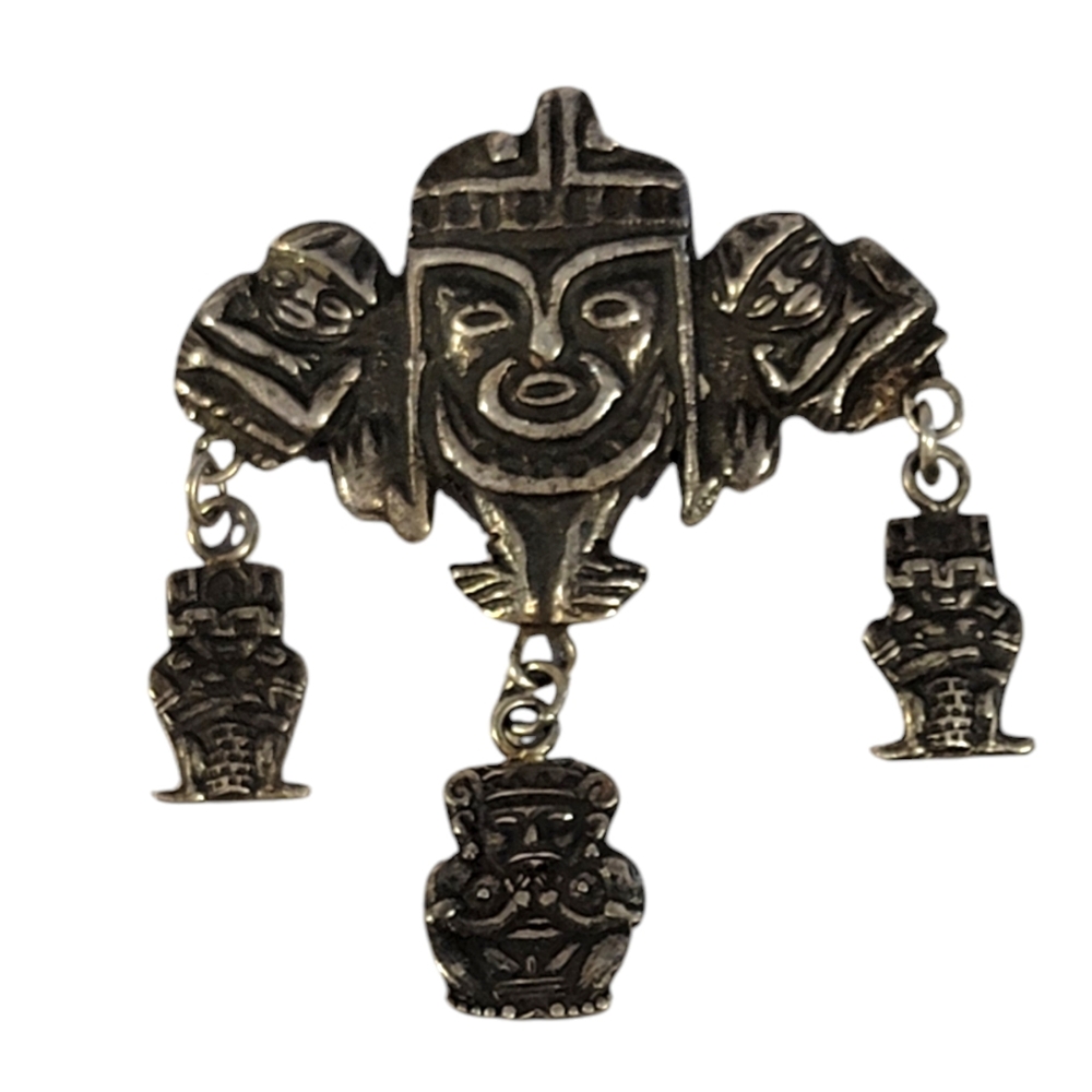 Aztec Inca Style Vintage Sterling Silver Tiki Man Brooch Marked 0900